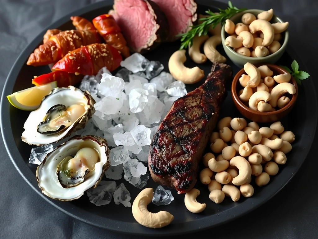 Aliments riches en zinc comme les huîtres, la viande rouge et les légumineuses