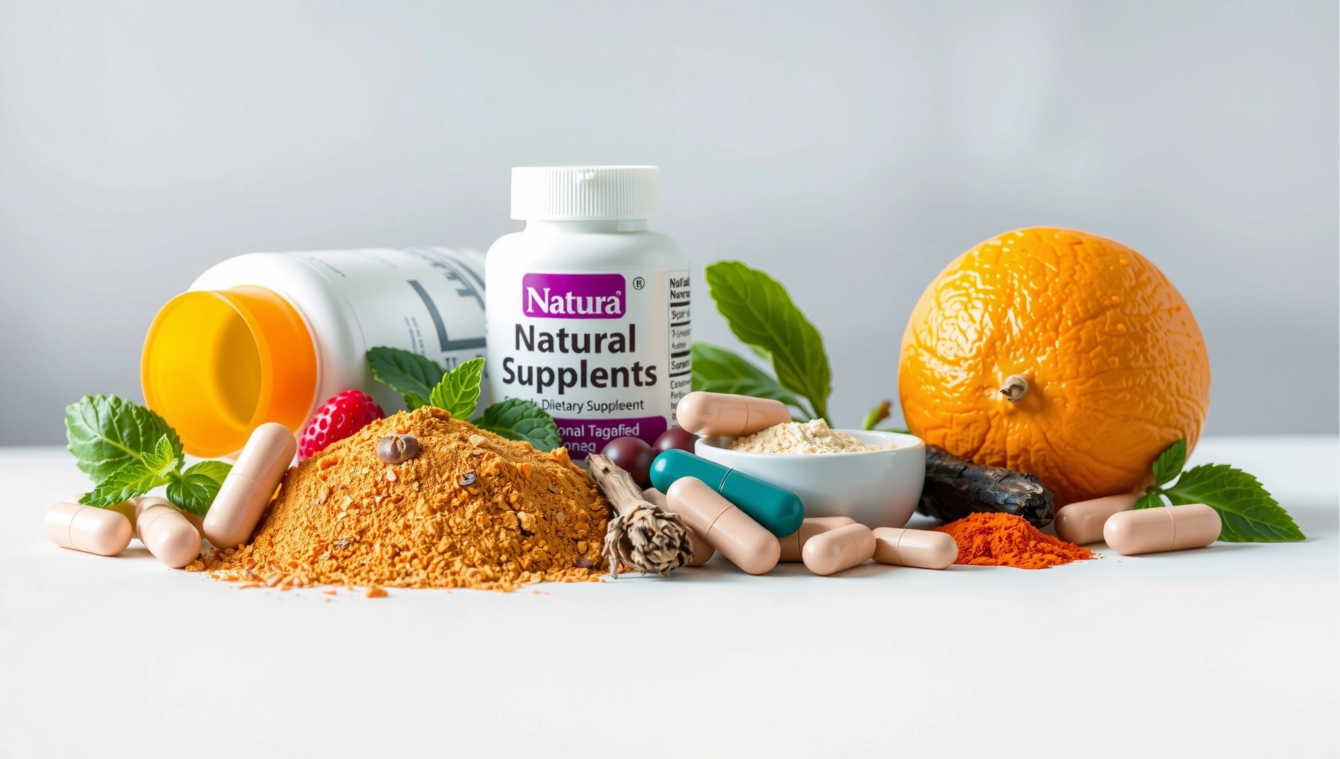 Assortiment de compléments alimentaires naturels variés dans un décor épuré