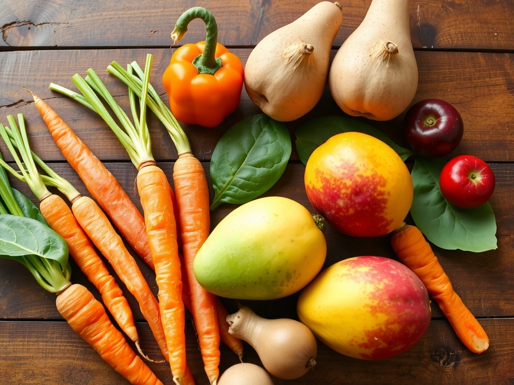 Assortiment coloré de légumes et fruits riches en bêta-carotène, comme des carottes, des patates douces, des mangues et des épinards, disposés artistiquement.